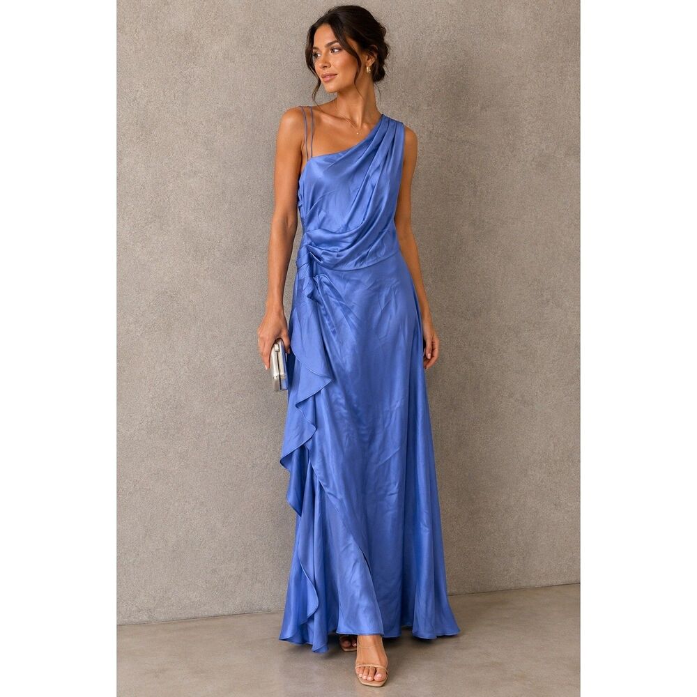 Adrianna Papell Women Gown 6 Blue Satin Crepe One Shoulder Ruffle Side Slit - Picture 11 of 11